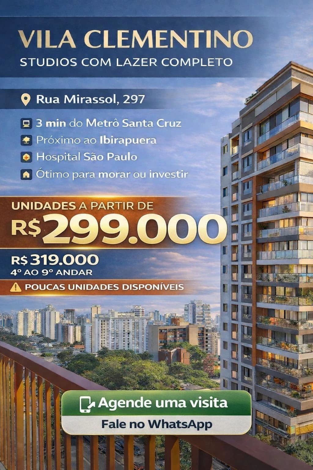 Studios de 26m2 entrega em agosto de 2026 a partir de 299 mil na Vila Clementino